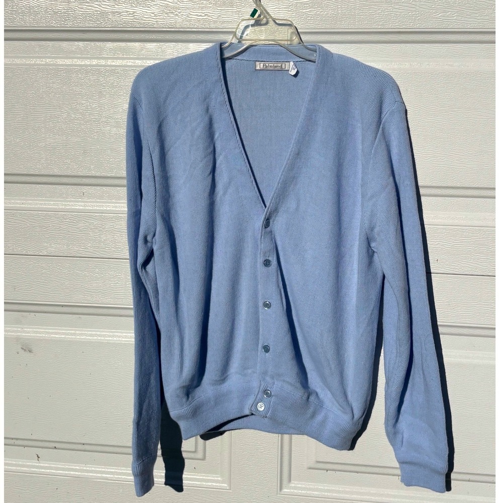 Vintage Mens Light Blue V-Neck Button Cardigan Sweater Size L USA Grandpacore